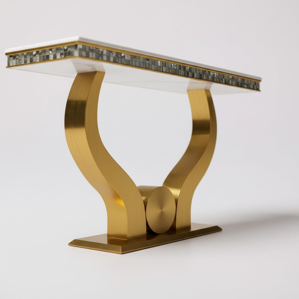 كونسول مدخل مودرن بقاعدة معدنية ذهبية وسطح مزخرف