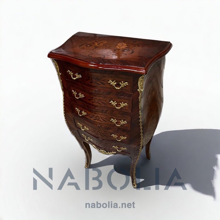 استاند خمسة درج - كومود خمسة درج مطعم بالنحاس والمارتكليه والقرصة زجاج المقاسات: W 59 CM * H 103 CM * B 36 CM
