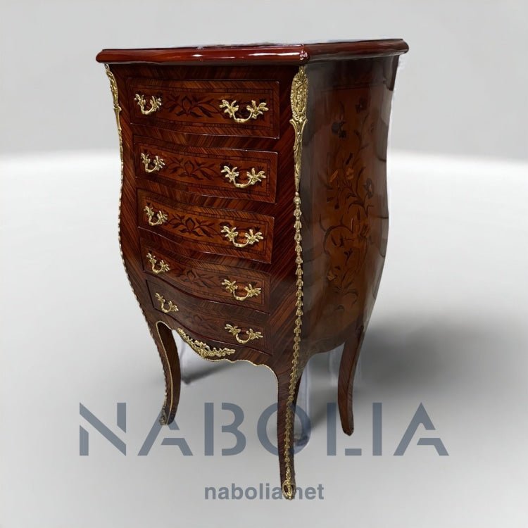استاند خمسة درج - كومود خمسة درج مطعم بالنحاس والمارتكليه والقرصة زجاج المقاسات: W 59 CM * H 103 CM * B 36 CM