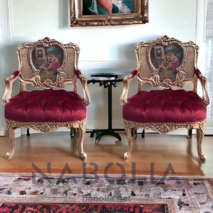 اتنين فوتيه كلاسيك برسم طبيعي - اتنين فوتيه كلاسيك من خشب الزان والمشغول بالكانيه الطبيعي والرسم اليدوي مع تنجيد كابتونيه بالقطيفة السادة المقاسات: W 55*55 CM * L 96 CM