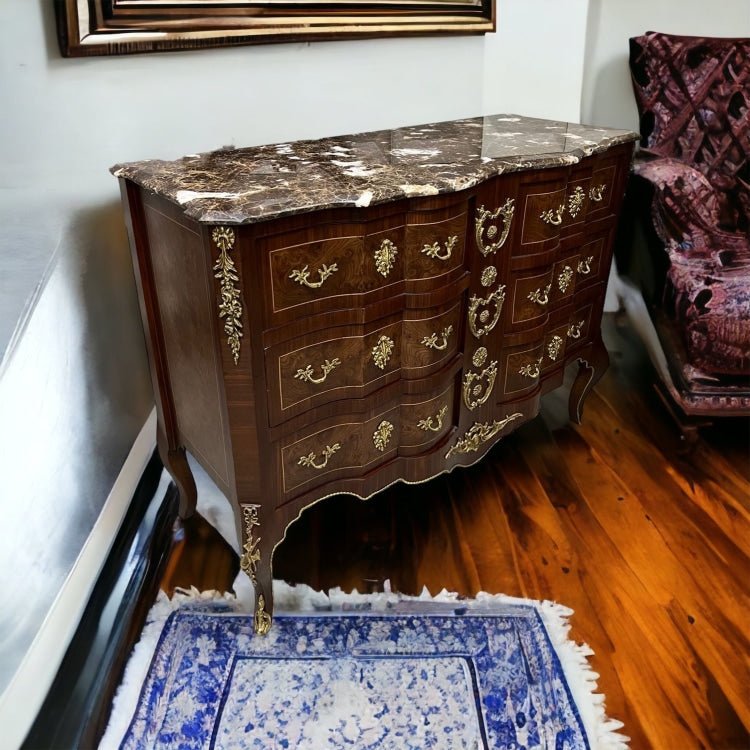 باهو ستة درج مطعم بالنحاس - بايوه ستة درج من الخشب والقشرة الطبيعي اليدوي ومطعم بالنحاس المشغول يدويا والرخام امبرادور غامق W 119 CM * H 90 CM * B 51 CM المقاسات