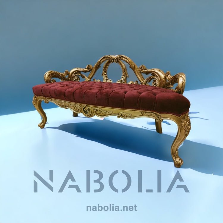 بانكت ظهر اويمة - كنبة أنتيك من خشب الزان بتفاصيل رائعة دهب مترب مع قطعة من القماش القطيفة تنحيد كابتونيه المقاسات: W 135 CM * L 60 CM