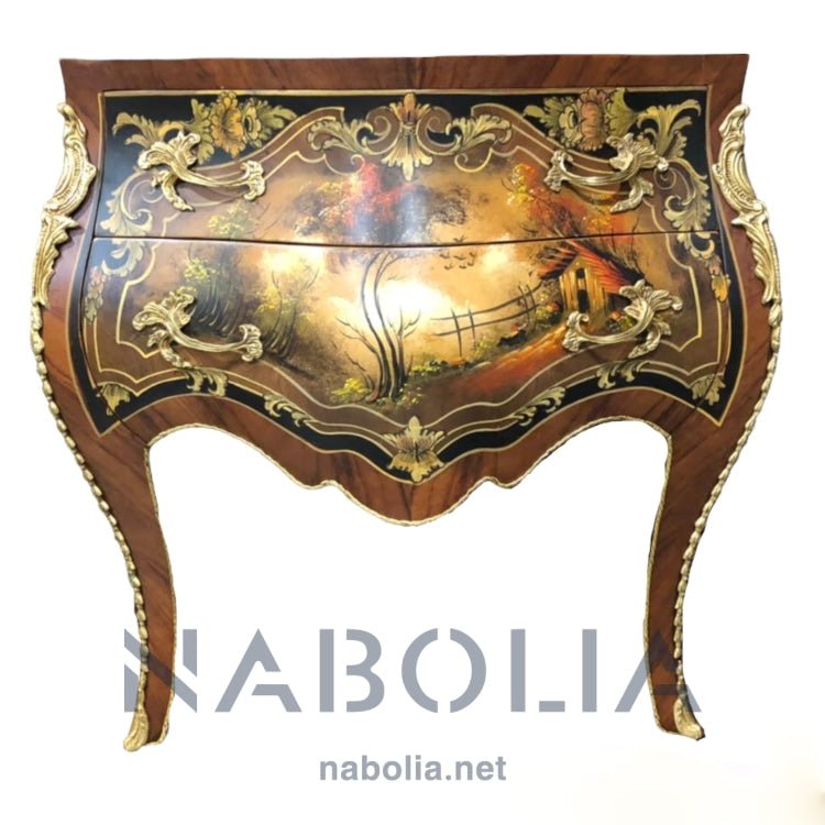 بايو 2 درج رسم طبيعي - يأتي البايوه الكلاسيكي دمياطي الصنع ب 2 درج ورسم طبيعي وإنحناءات مميزة وتطعيمات النحاس مصنع من أفضل أنواع الأخشاب الطبيعيه والمقابض النحاسية متوفر مط او لميع يدوياً المقاسات W 90 CM * L 75 CM
