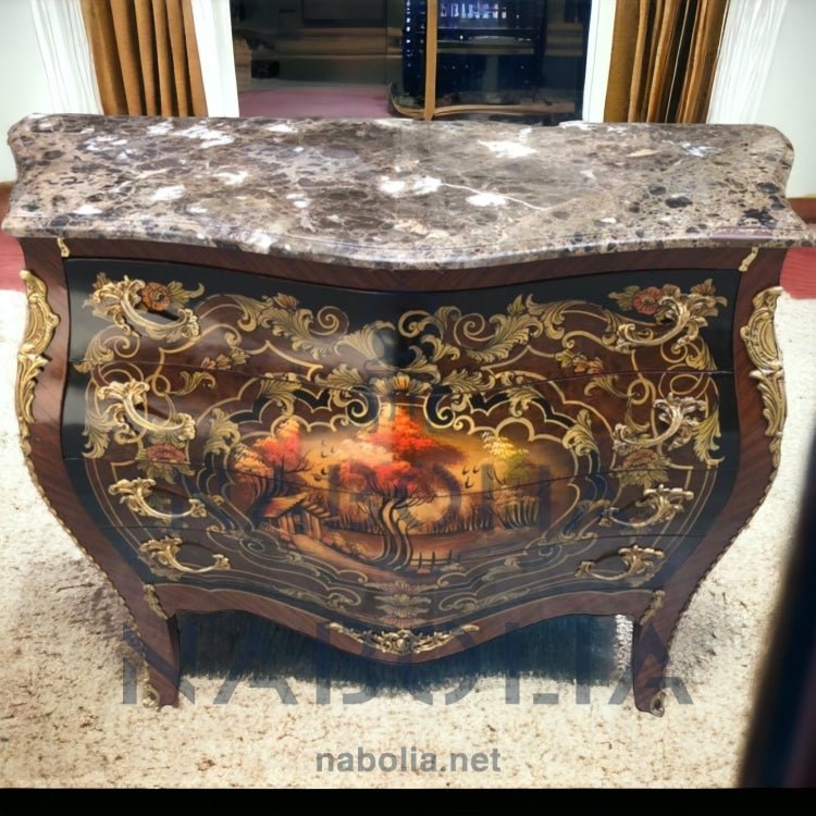 بايوه اربعة درج رسم زيت - بايوه اربعة درج ورسم طبيعي من الخشب الطبيعي والقشرة الطبيعية و رخام امبرادور المقاسات: W 120 CM * L 90 CM
