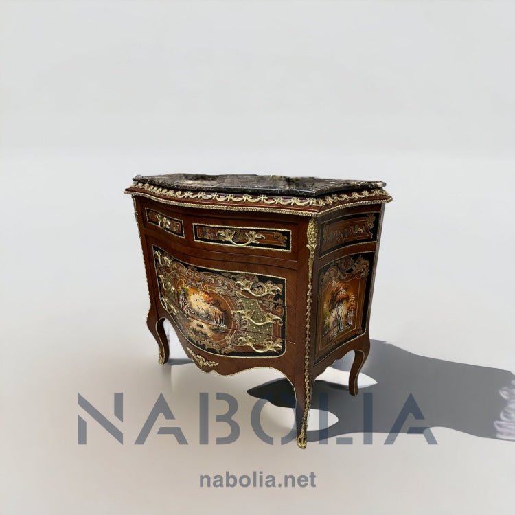 بايوه خمسة درج رسم طبيعي - بايوه خمسة درج من الخشب الطبيعي والرسم اليدوي ومطعم بالنحاس المشغول يدويا والرخام امبرادور غامق المقاسات: W 90 CM * H 100 CM * B 50 CM