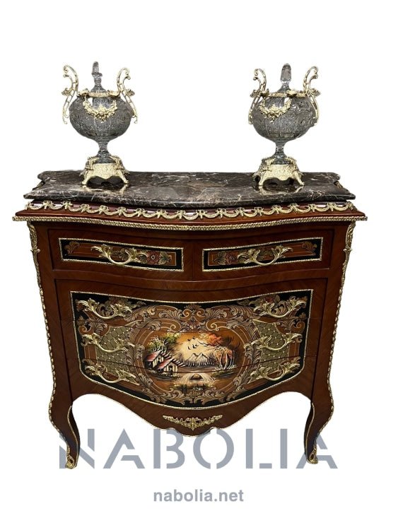 بايوه خمسة درج رسم طبيعي - بايوه خمسة درج من الخشب الطبيعي والرسم اليدوي ومطعم بالنحاس المشغول يدويا والرخام امبرادور غامق المقاسات: W 90 CM * H 100 CM * B 50 CM