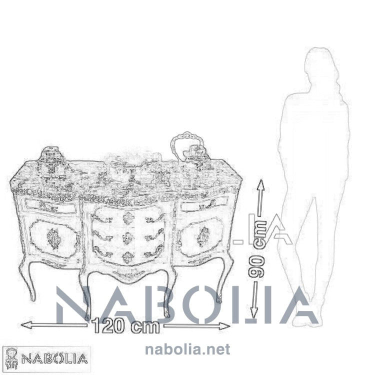 بايوه ستة ارجل -  بايوه ستة ارجل خمسة درج واتنين ضلفة من الخشب الطبيعي والرسم اليدوي ومطعم بالنحاس المشغول يدويا والرخام امبرادور غامق المقاسات: W 120 CM * L 90 CM