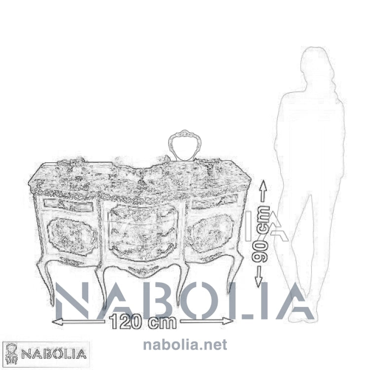 بايوه ستة ارجل -  بايوه ستة ارجل خمسة درج واتنين ضلفة من الخشب الطبيعي والرسم اليدوي ومطعم بالنحاس المشغول يدويا والرخام امبرادور غامق المقاسات: W 120 CM * L 90 CM