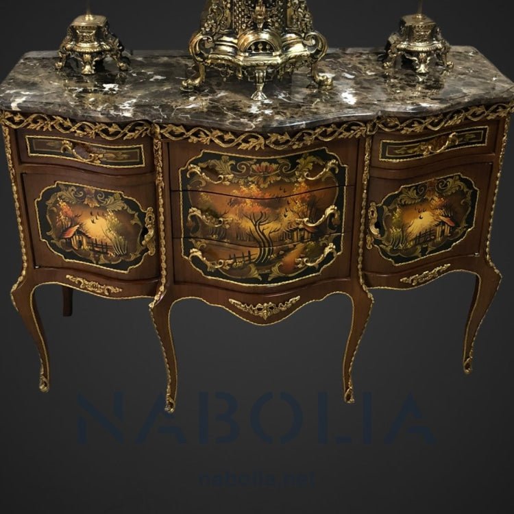 بايوه ستة ارجل -  بايوه ستة ارجل خمسة درج واتنين ضلفة من الخشب الطبيعي والرسم اليدوي ومطعم بالنحاس المشغول يدويا والرخام امبرادور غامق المقاسات: W 120 CM * L 90 CM