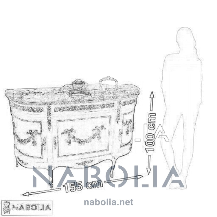 بايوه تلاتة ضلفة و درج -  بايوه من الخشب الطبيعي والقشرة الطبيعية تلاتة ضلفة و درج مطعم بالنحاس المشغول يدوياوالرخام امبرادور غامق المقاسات: W 155 CM * L 100 CM