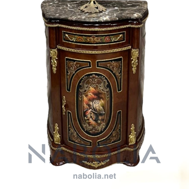 بايوه مطعم بالنحاس والرسم - موبل فرنساوي درج وضلفة من الخشب الطبيعي والقشرة الطبيعية مطعم بالنحاس المشغول يدويا ورخام امبرادور المقاسات: W 77 CM * H 105 CM * B 43 CM