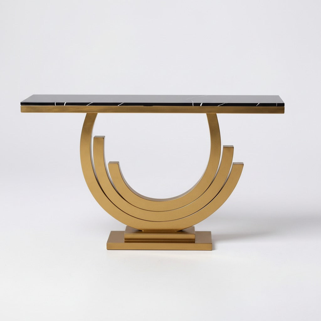 كونسول مدخل مودرن بقاعدة معدنية ذهبية وسطح أسود رخامي