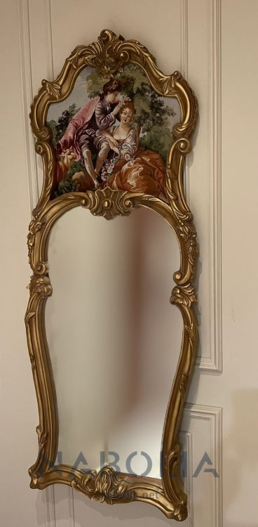 برواز مرايا مع تابلوه جوبلان - برواز انتيك من الخشب الزان حفر هاند ميد دهان دهبي و مطعم بتابلوه جوبلان و المرايا جريش المقاسات: W 62 CM * H 158 CM