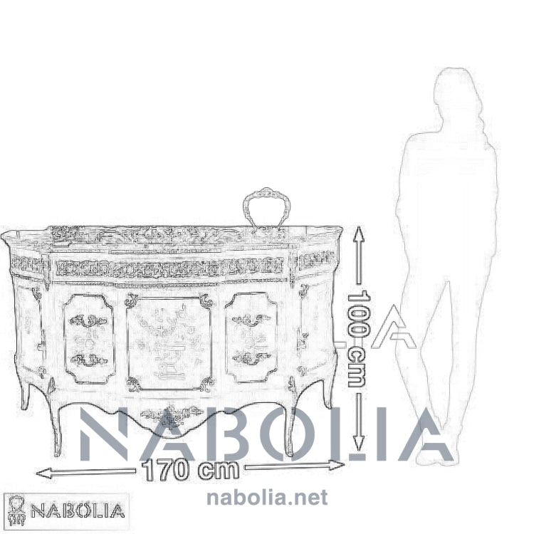 بوفيه بايوه تلاتة درج كبير و اتنين ضلفة -  بايوه تلاتة درج كبير و اتنين ضلفة من الخشب الطبيعي والقشرة المشغولة بالمارتكليه والمطعم بالنحاس المشغول يدويا والرخام امبرادور غامق المقاسات: W170 CM * L 100 CM