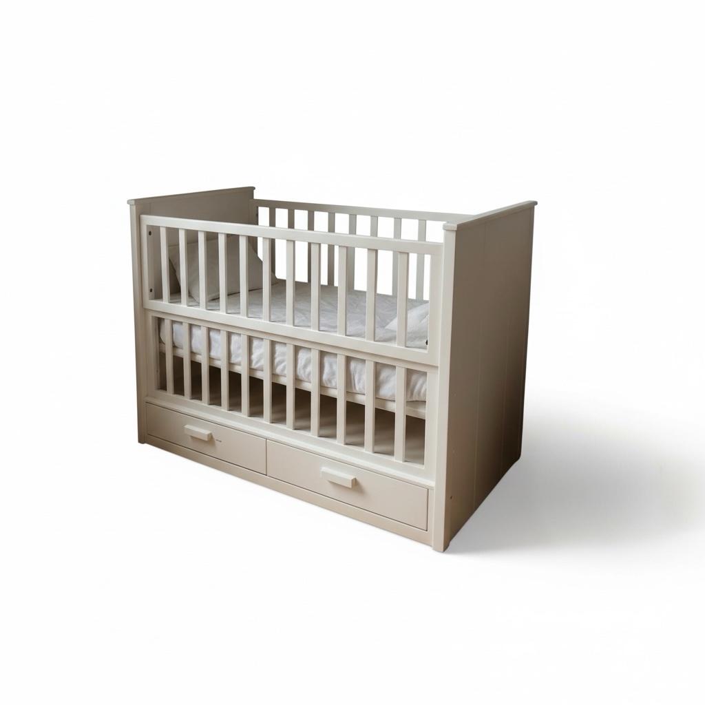 سرير أطفال خشبي أبيض بوحدة تخزين سفلية