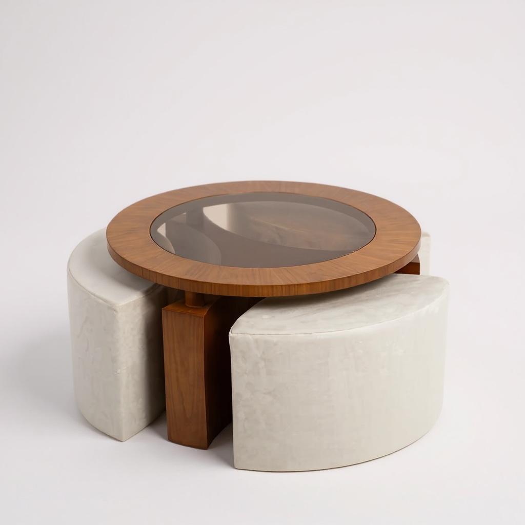 ترابيزة مودرن دائرية مع ٣ بفات تنجيد – خشب طبيعي