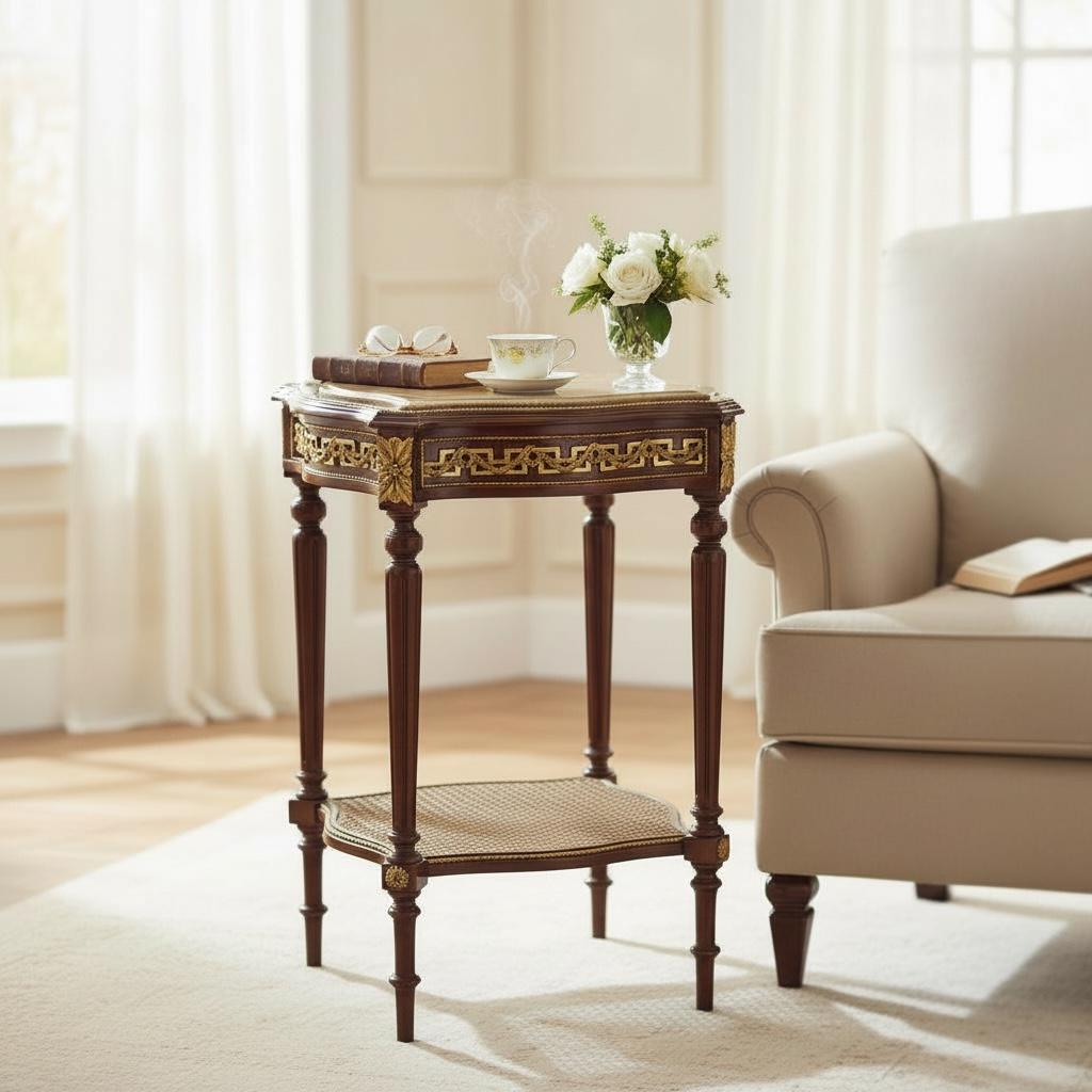 ترابيزة جانبية كلاسيك بسطح رخامي ورف سفلي