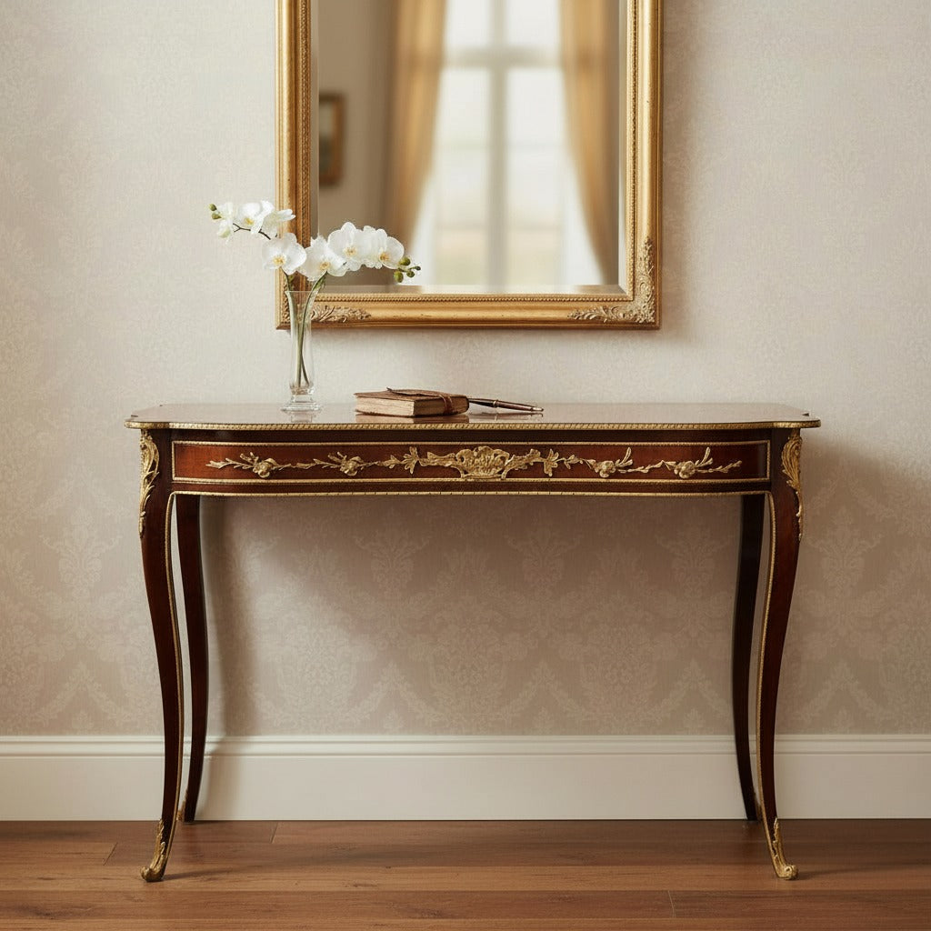 كونسول كلاسيك خشب طبيعي بزخارف نحاس