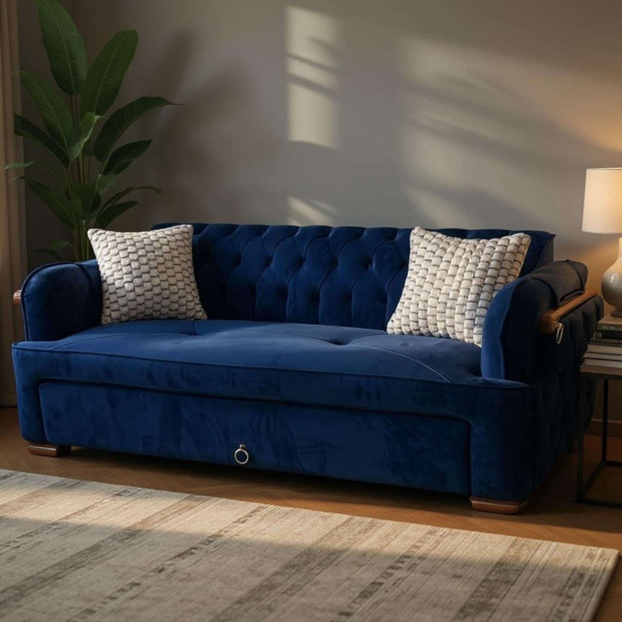 Romanian Beech Wood Sofa Bed with Luxurious Button-Tufted Upholstery