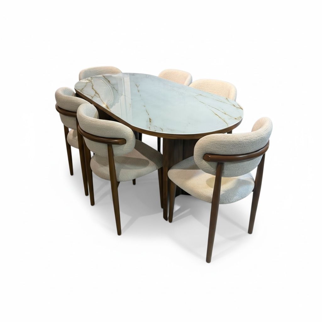 سفرة مودرن بسطح أبيض مع كراسي تنجيد أنيقة