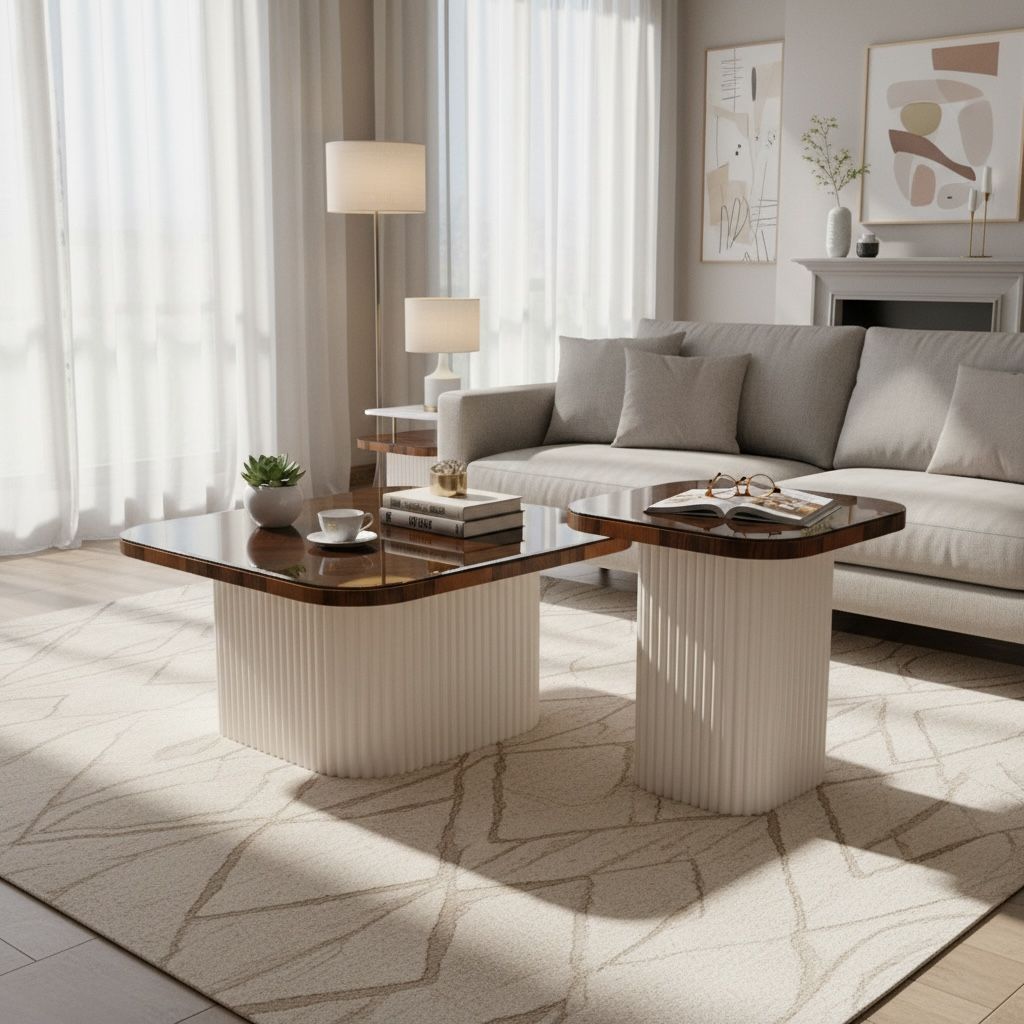 طقم ترابيزات مودرن بسطح زجاج أسود وقاعدة فلوت