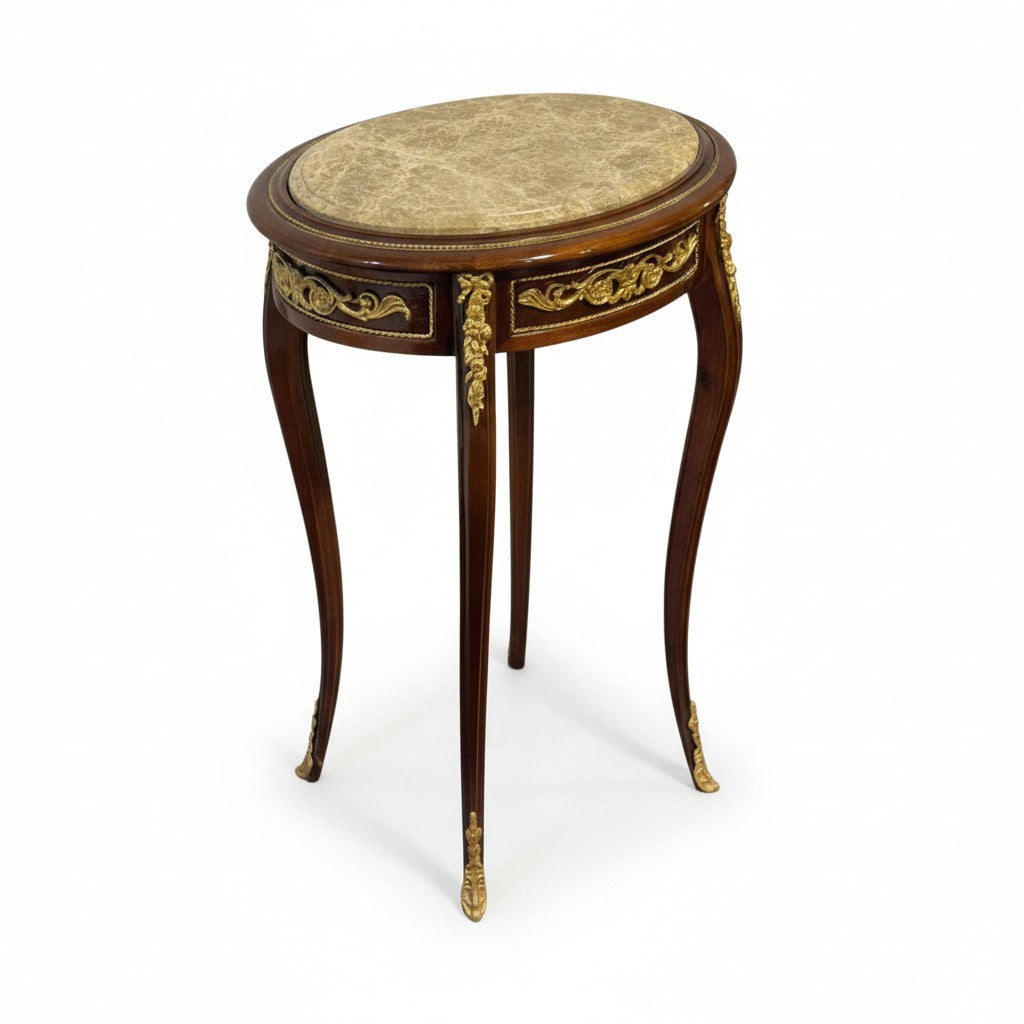 ترابيزة جانبية كلاسيك بيضاوية بتطعيم نحاس و سطح رخام