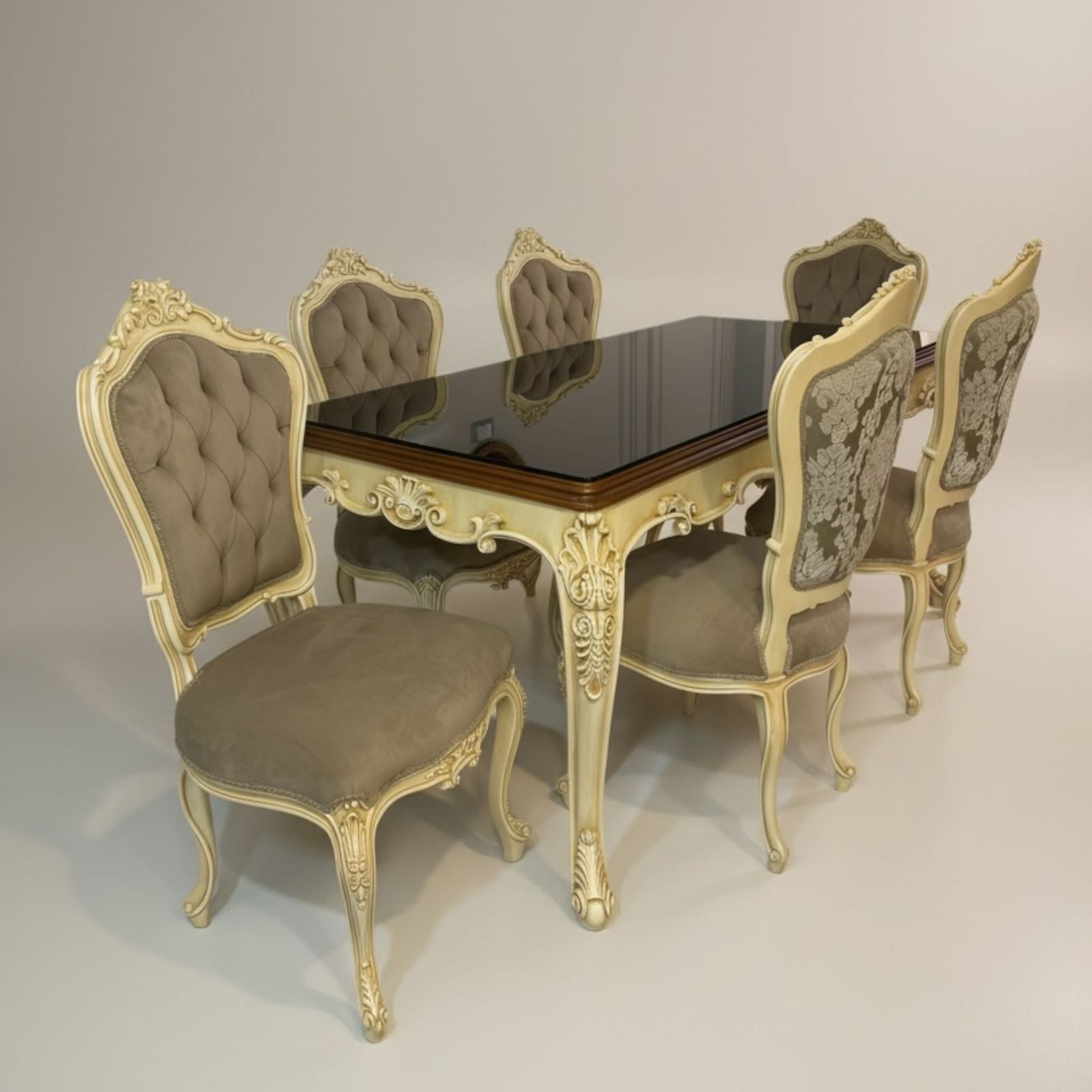 سفرة كلاسيك فاخرة بطاولة زجاجية وكراسي منجدة بتفاصيل أنيقة - Nabolia