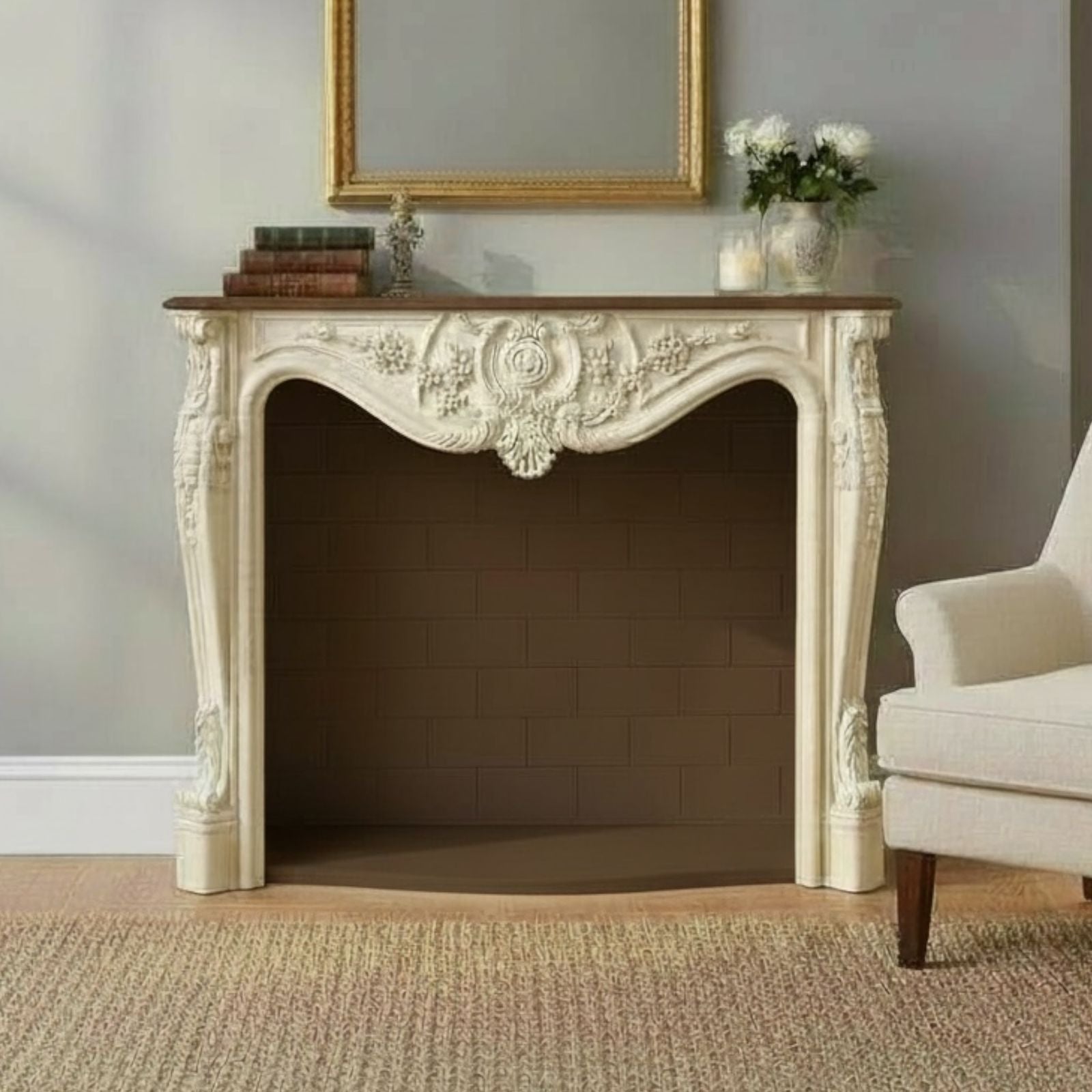 مدفأة كلاسيك أنيقة بحفر يدوي وتصميم فرنسي راقٍ