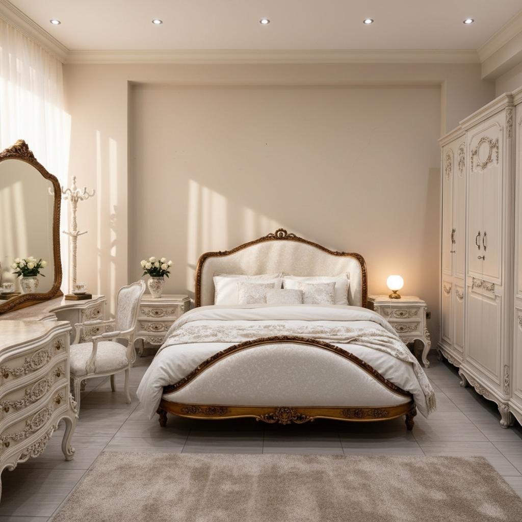 غرفة نوم كلاسيك كاملة بتفاصيل فاخرة وتصميم راقٍ