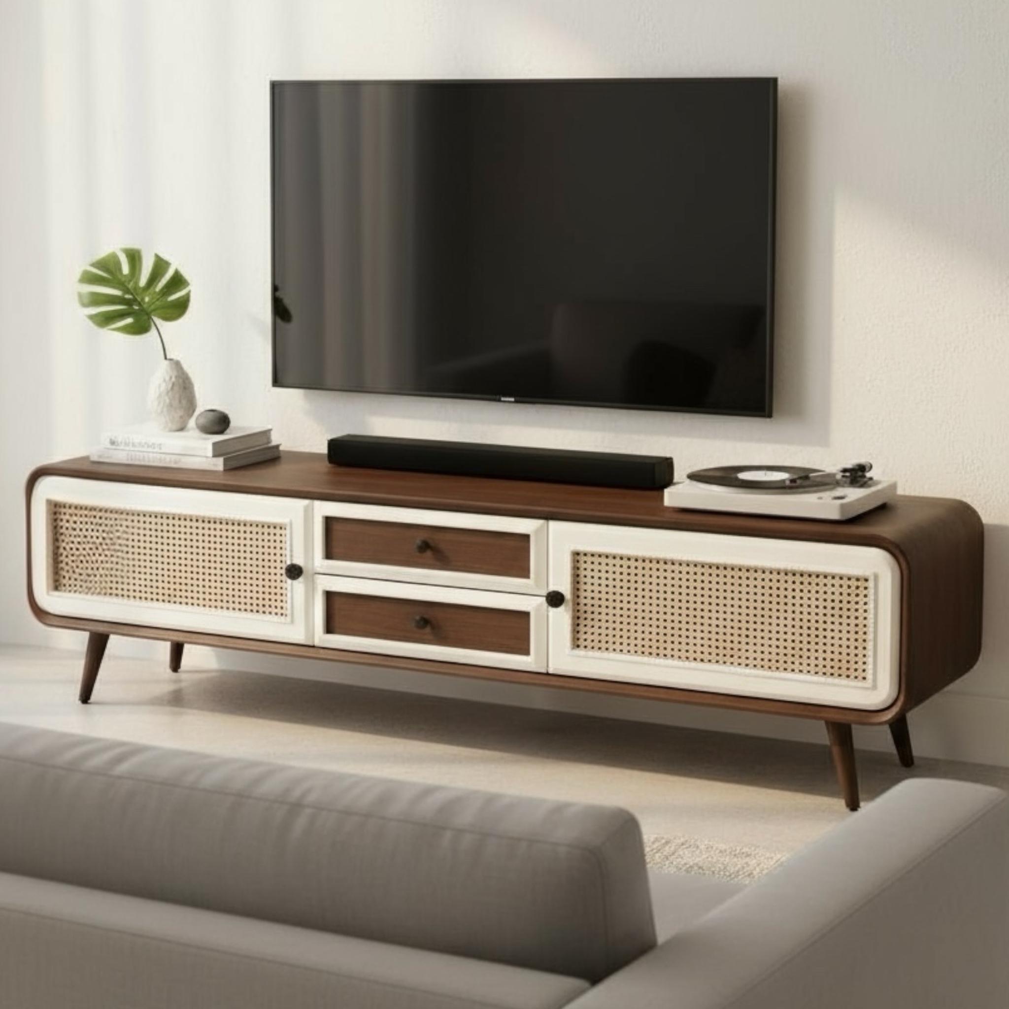 وحدة تلفزيون مودرن بتصميم خشبي أنيق وخوص طبيعي