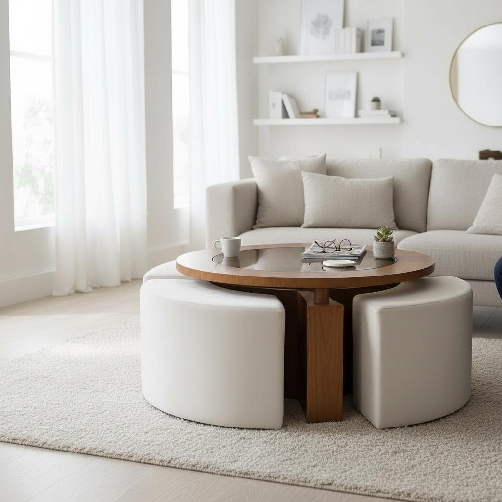 ترابيزة مودرن دائرية مع ٣ بفات تنجيد – خشب طبيعي