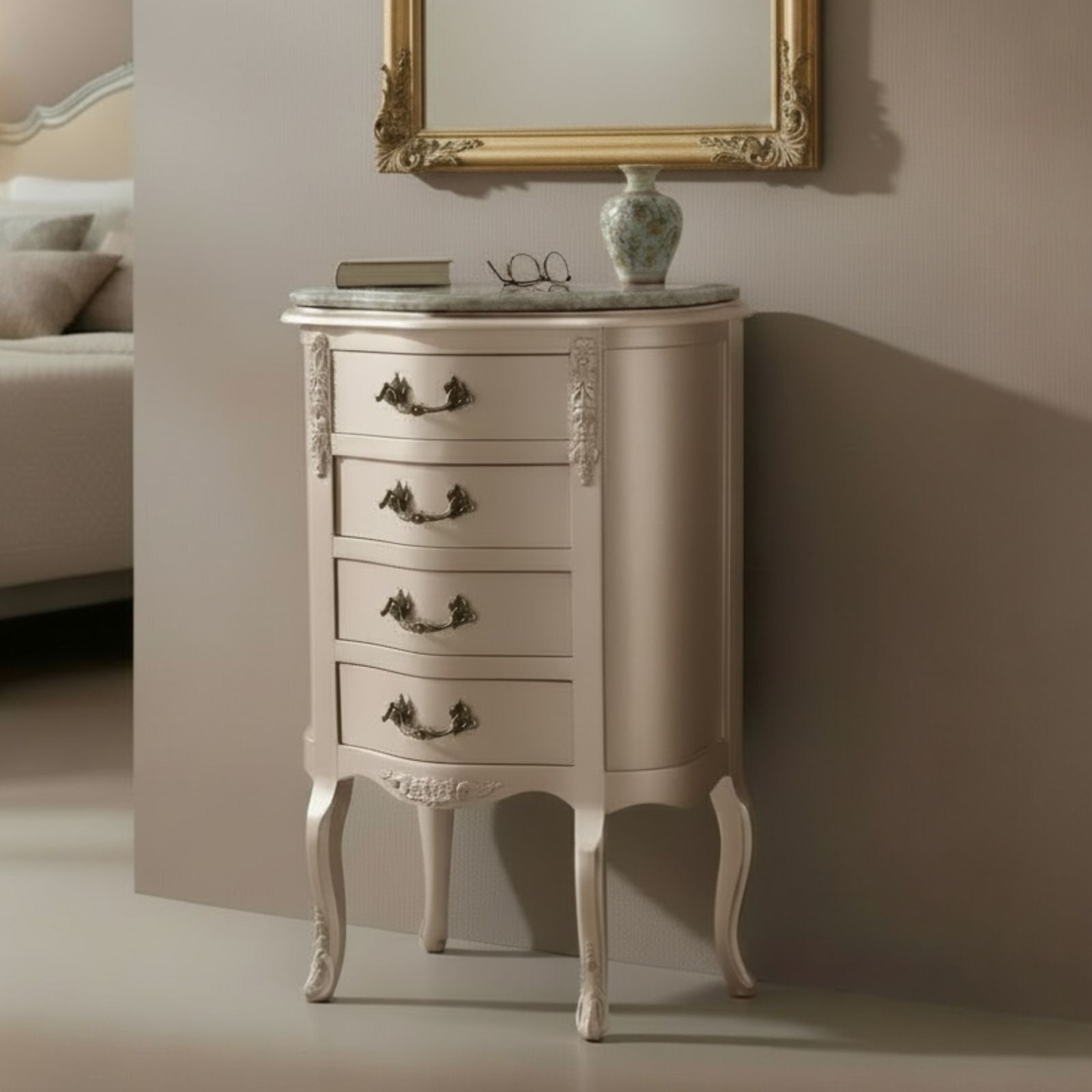 كومود كلاسيك خشب طبيعي بسطح رخام لون شابين محايد