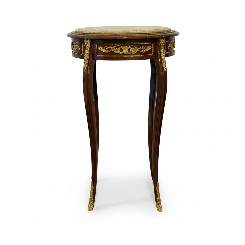 ترابيزة جانبية كلاسيك بيضاوية بتطعيم نحاس و سطح رخام