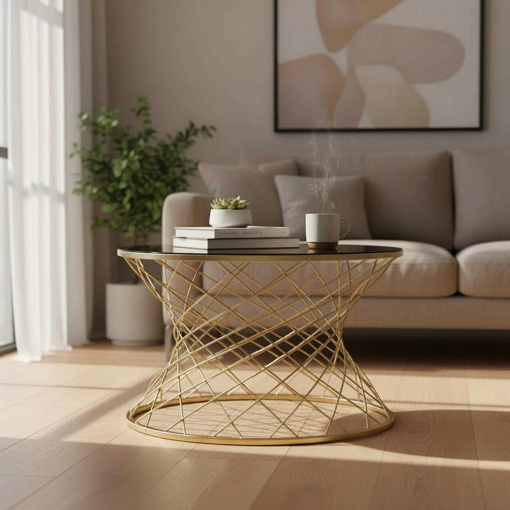 ترابيزة قهوة معدنية بسطح زجاجي – تصميم مودرن ذهبي