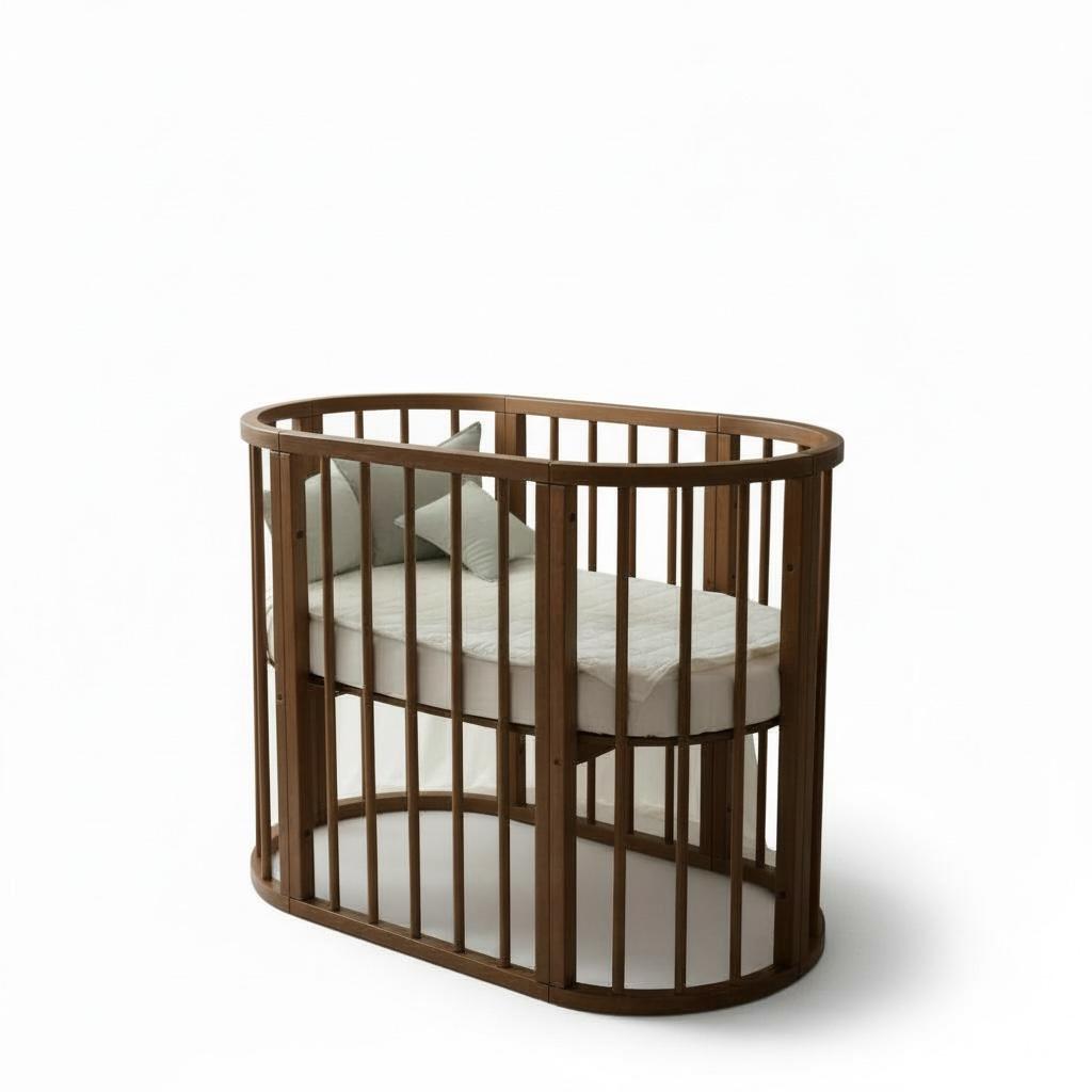 سرير أطفال بيضاوي خشبي بتصميم ناعم وآمن