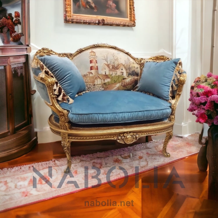 كنبة انتيك دهبي مترب - كنبة انتيك دهب مترب مع قماش جوبلان وقطيفة سادة من خشب الزان الاحمر المقاسات: W 75 CM * L 130 CM