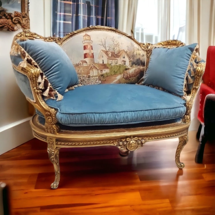 كنبة انتيك دهبي مترب - كنبة انتيك دهب مترب مع قماش جوبلان وقطيفة سادة من خشب الزان الاحمر المقاسات: W 75 CM * L 130 CM