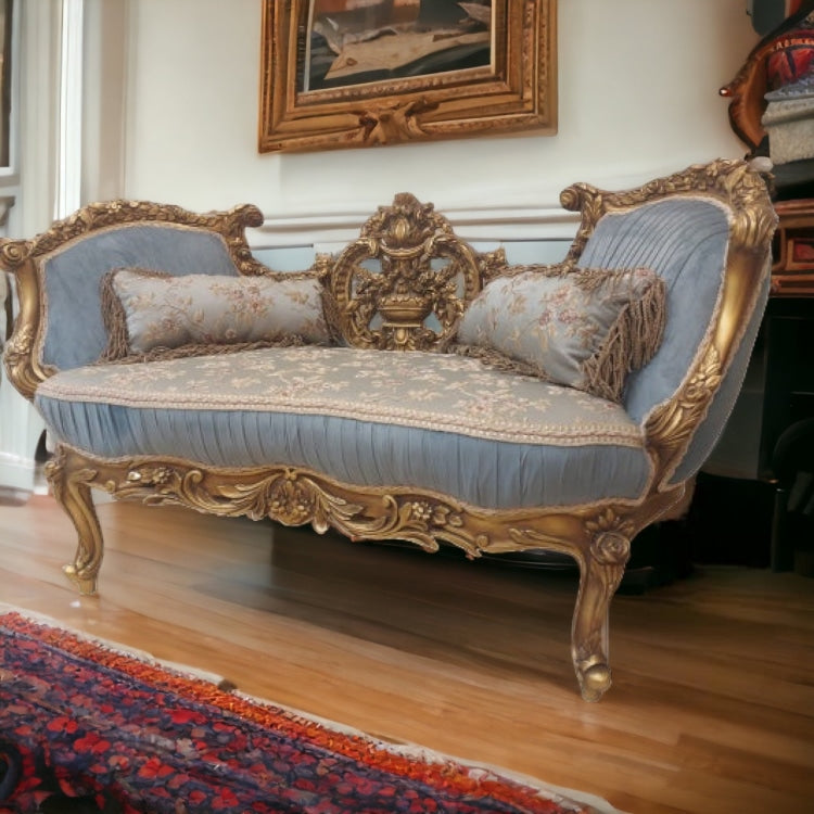 كنبة انتيك - كنبة انتيك دهبي مأكسد مع قماش قطيفة سادة والحرير المشجرمن خشب الزان الاحمر المقاسات: W 140 CM * H 60 CM * B 75 CM