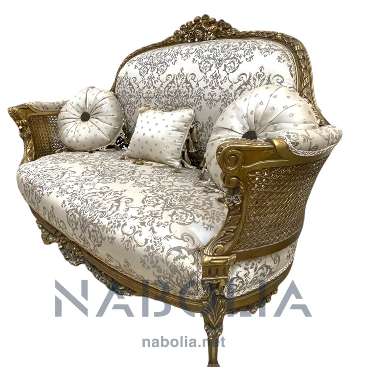 كنبة انتيك كانيه - كنبه انتيك كانيه مصنوعه من الخشب الزان الروماني والكانيه الطبيعيالدهان دهب قديم متربالقماش حرير مشجر140*65