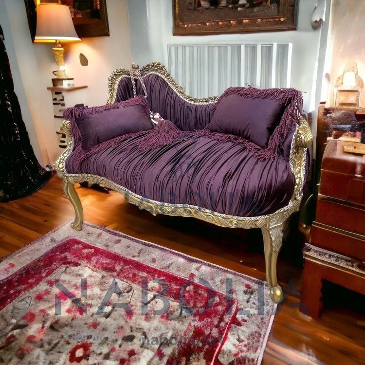 كنبة بليسيه انتيك - كنبه انتيك مصنوعه من الخشب الزان الروماني اويمه يدوي متقنهدهان دهب قديم متربقماش قطيفه بليسيه115*65