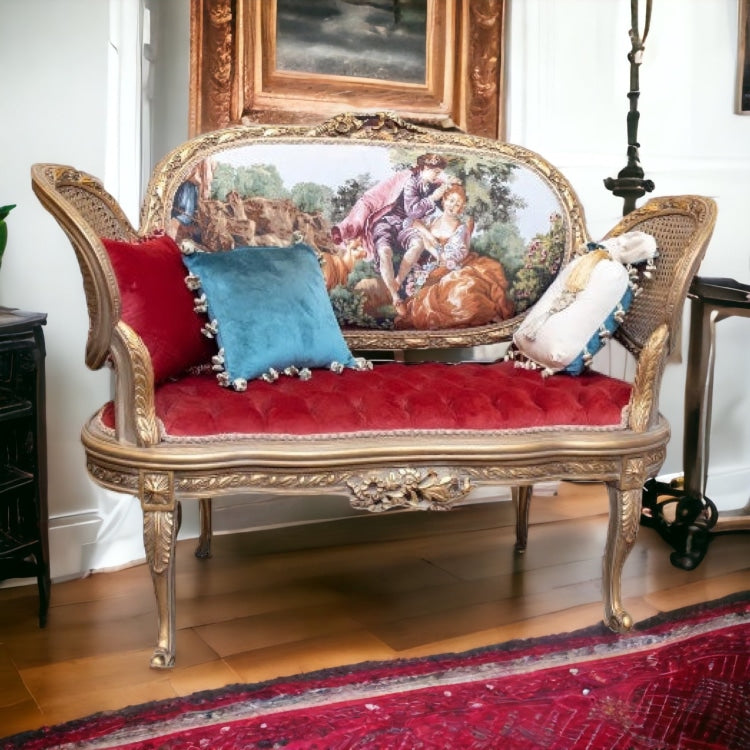 كنبة روميو و جوليت - كنبة انتيك دهب متبتن مطعمة بالخوص الطبيعي والقماش جوبلان في قطيفة من خشب الزان الاحمر المقاسات: W 70 CM * L 130 CM