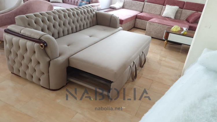 كنبة سرير كابتونيه - كنبة سرير من خشب الزان الروماني والقماش جلد مقلوب وميكانيزم عالي الجودة والاسفنج المستخدم كثافة 40 والظهر تنجيد كابتونيه مع مجموعة كوشن فرو والوان مختلفة متاح عمل اي لون للقماش المقاسات : W 200 * B 90 CM Open B 170 CM