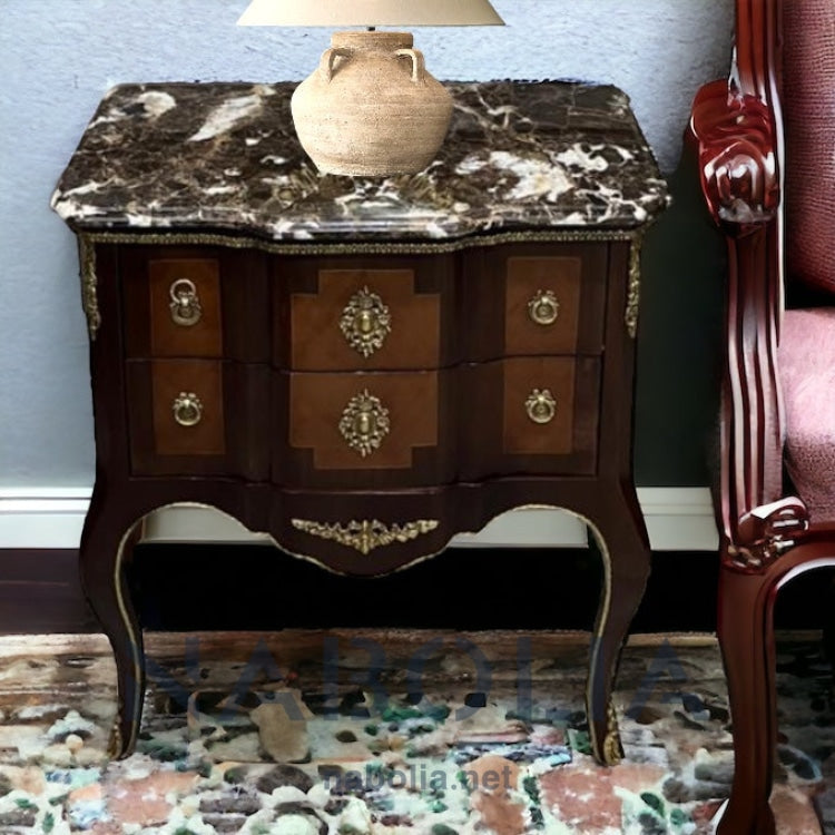 كومود فرنساوي - كومود فرنساوي اتنين درج مطعم بالنحاس و الرخام امبرادور المقاسات: W 72 CM * H 81 CM * B 42 CM