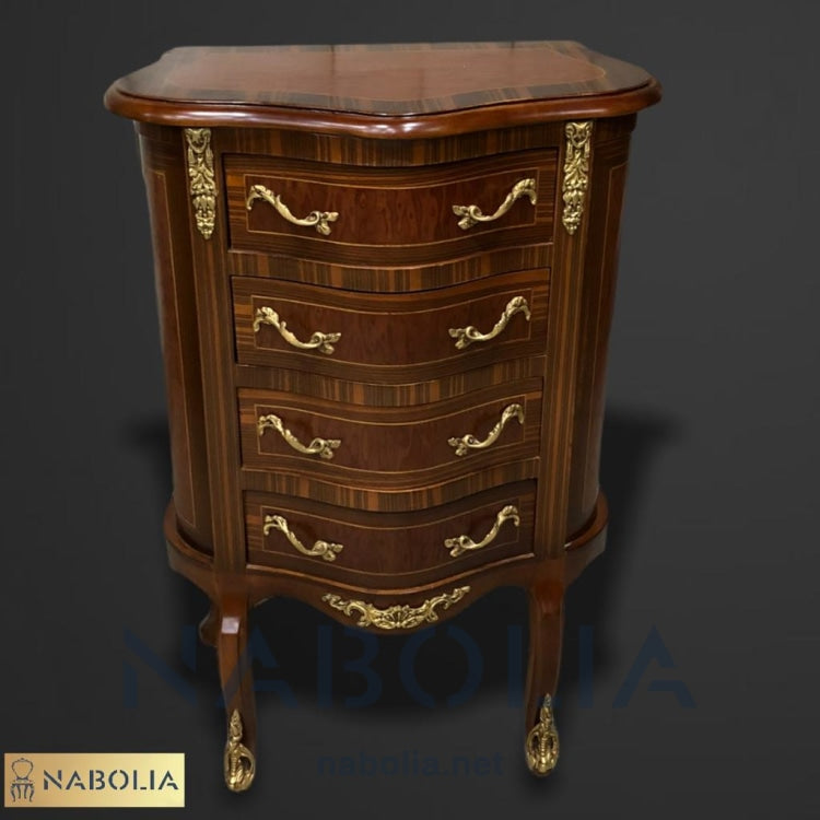 كومود كلاسيك اربعة درج - كومود اربعة درج مطعم بالنحاس والقرصة زجاج المقاسات: W 50 CM * H 75 CM