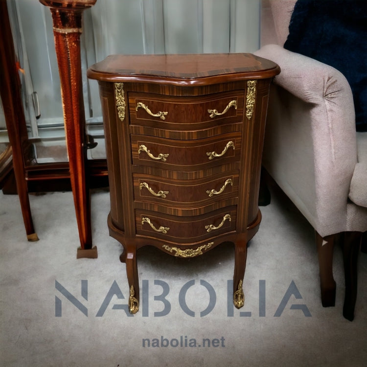 كومود كلاسيك اربعة درج - كومود اربعة درج مطعم بالنحاس والقرصة زجاج المقاسات: W 50 CM * H 75 CM