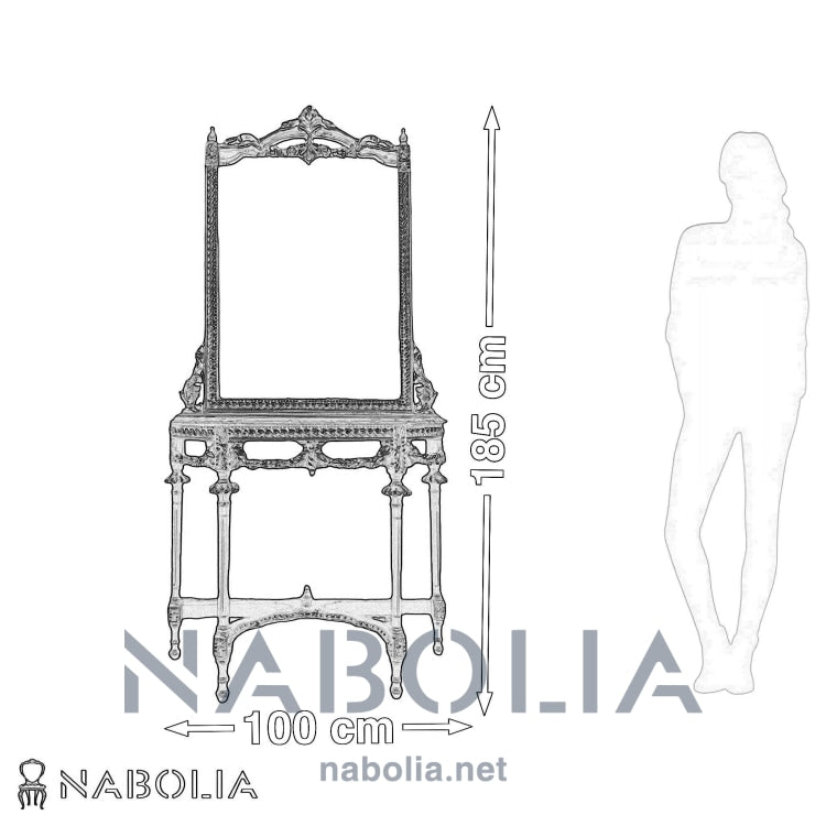 كونسول مدخل دهبي - كونسول مدخل بمرايا مصنوع من الخشب الزان الطبيعي والاويما هاند ميد والرخام البرتغالي ودهان دهبي ومتاح تغيير الدهان حسب الطلب المقاسات: W 100 CM * H 185 CM * B 45 CM