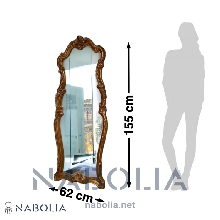مرايا مدخل دهبي كلاسيك - برواز انتيك من الخشب الزان حفر هاند ميد دهان دهبي و مرايا جريش المقاسات: W 62 CM * H 155 CM