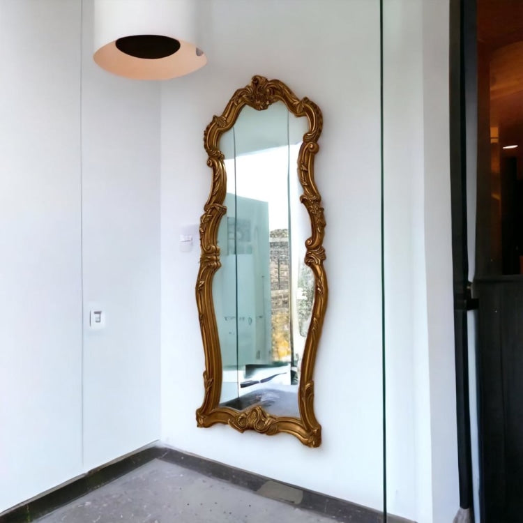 مرايا مدخل دهبي كلاسيك - برواز انتيك من الخشب الزان حفر هاند ميد دهان دهبي و مرايا جريش المقاسات: W 62 CM * H 155 CM