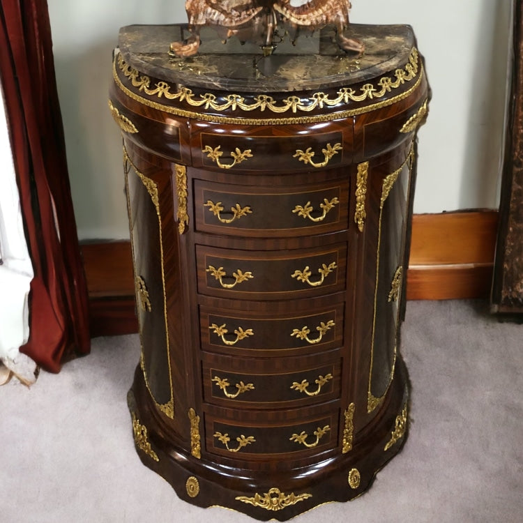 موبل فرنساوي-AS.13 -  موبل فرنساوي نص دايرة ستة ادراج من الخشب الطبيعي والقشرة الطبيعية مطعم بالنحاس المشغول يدويا ورخام امبرادور غامق المقاسات: W 75 CM * L 90 CM