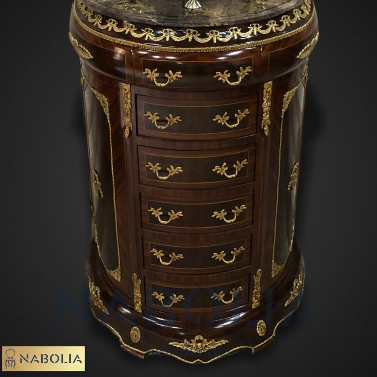 موبل فرنساوي-AS.13 -  موبل فرنساوي نص دايرة ستة ادراج من الخشب الطبيعي والقشرة الطبيعية مطعم بالنحاس المشغول يدويا ورخام امبرادور غامق المقاسات: W 75 CM * L 90 CM